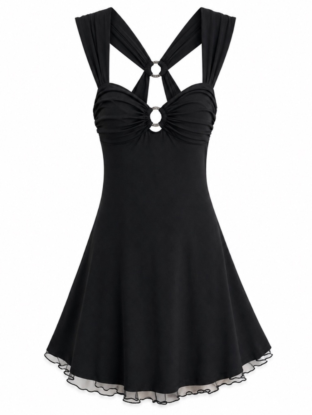 Y2K Black Backless V Cut Party Dress w Crinoline & Rhinestone Accent - Small EUC